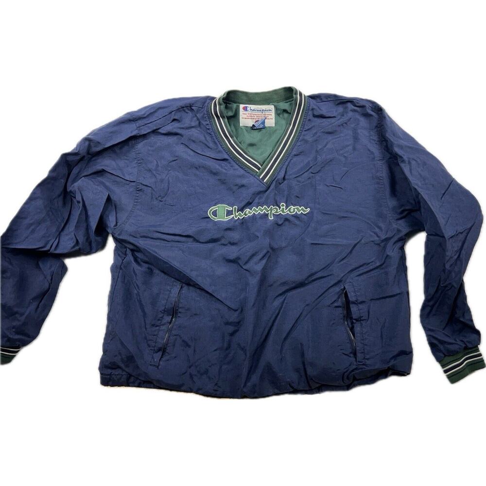 Vintage Champion‎ Men’s L Windbreaker Pullover V Neck Navy Blue Yellow Spellout